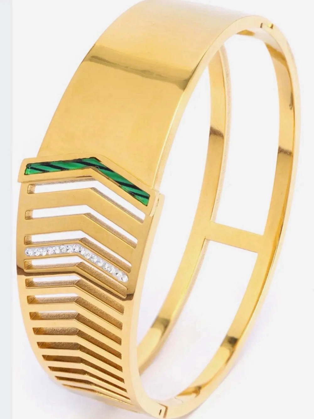 Gold-Tone Chevron Cuff Bracelet with Green Accent and Crystals